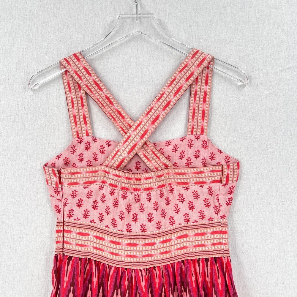 FAHERTY Gracie Linen Maxi Dress Women XS Pink Ikat Print Cotton Sleeveless Boho - Picture 7 of 16